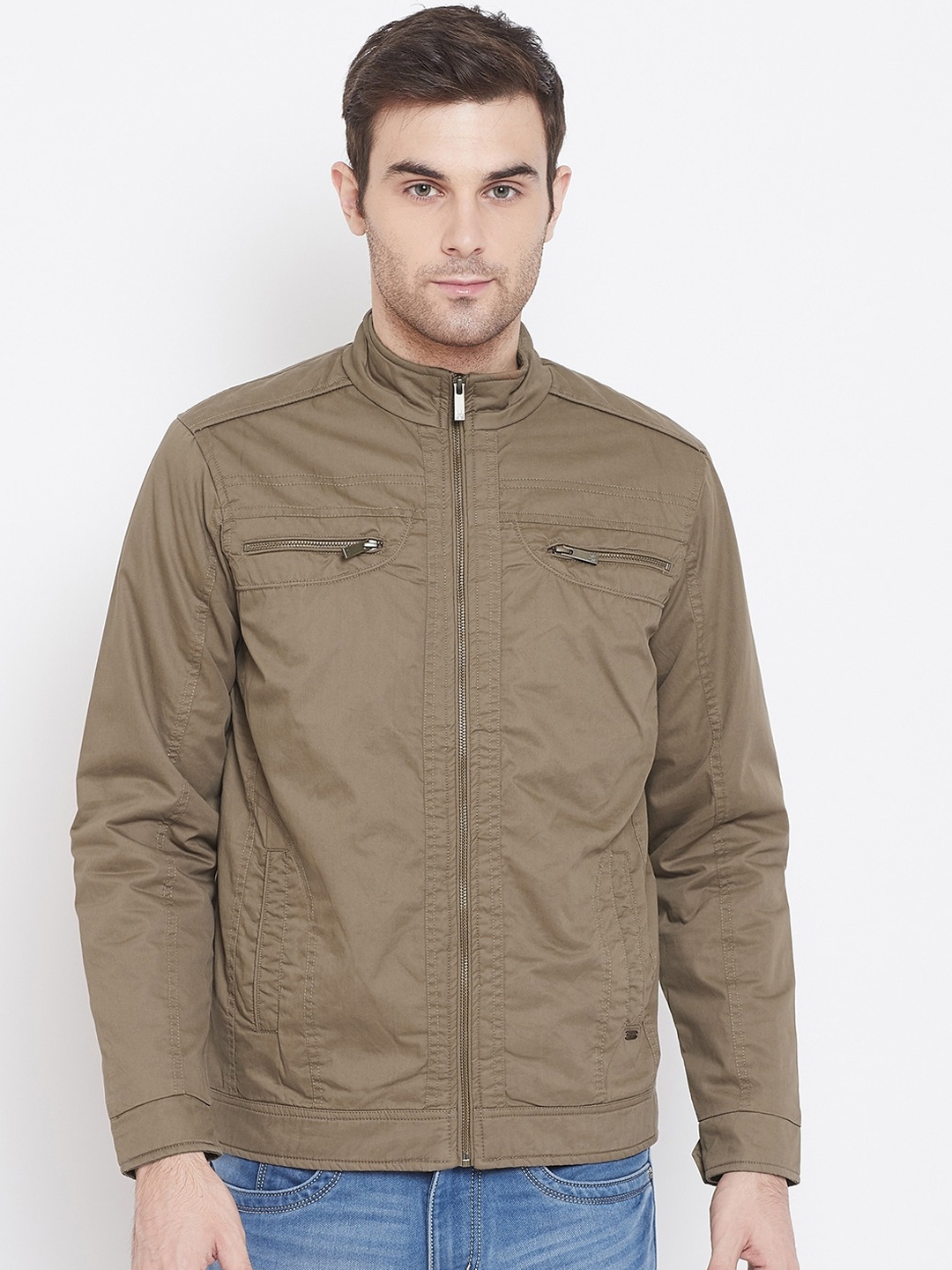 

Crimsoune Club Men Beige Solid Biker Jacket