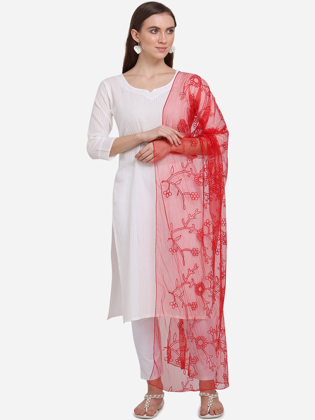 mf Red Embroidered Dupatta