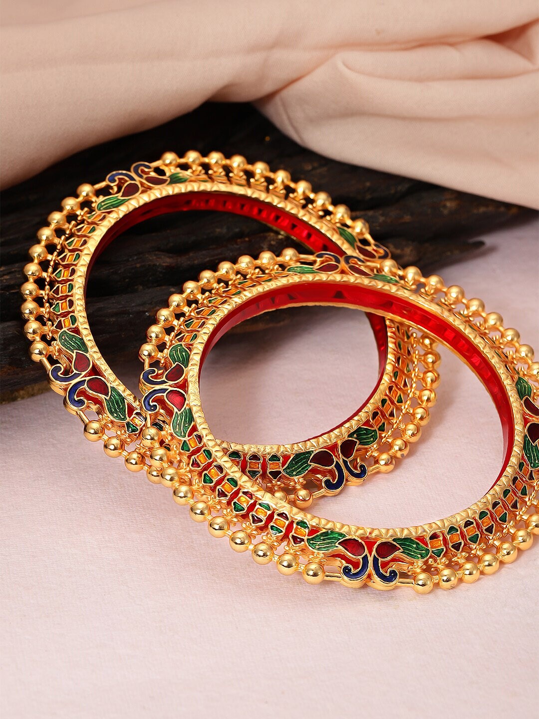 

Rubans Set Of Two 22K Gold-Plated Red & Green Enamelled Peacock Paheli Sustainable Handcrafted Bangles