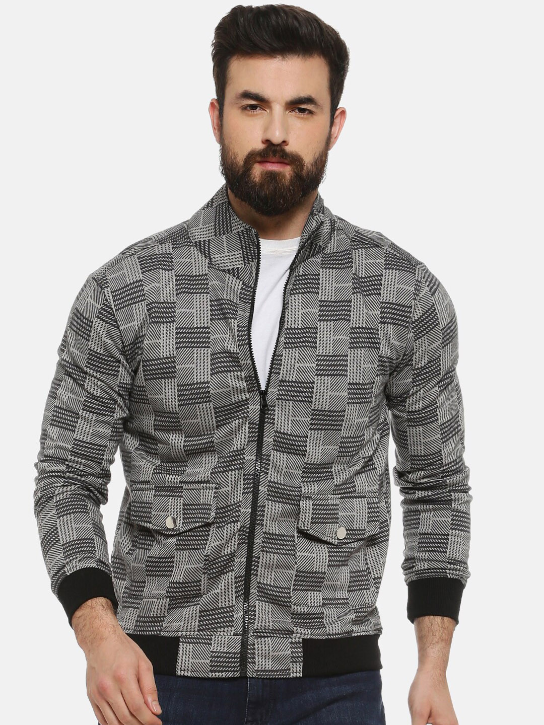 

Campus Sutra Men Grey Checked Windcheater Bomber