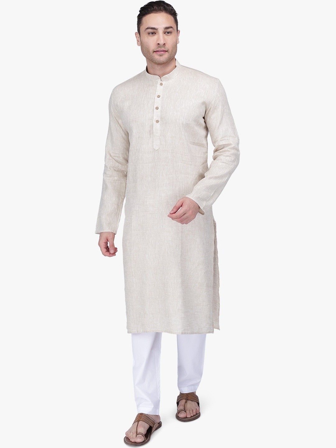 

RAJUBHAI HARGOVINDAS Men Beige Woven Design Straight Kurta