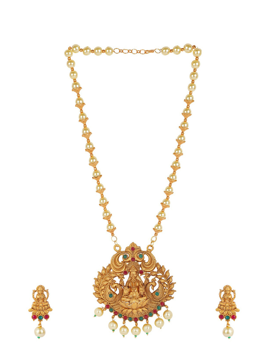 

ANIKAS CREATION Gold-Plated Off-White & Green Stone-Studded Beaded Temple Jewellery Set