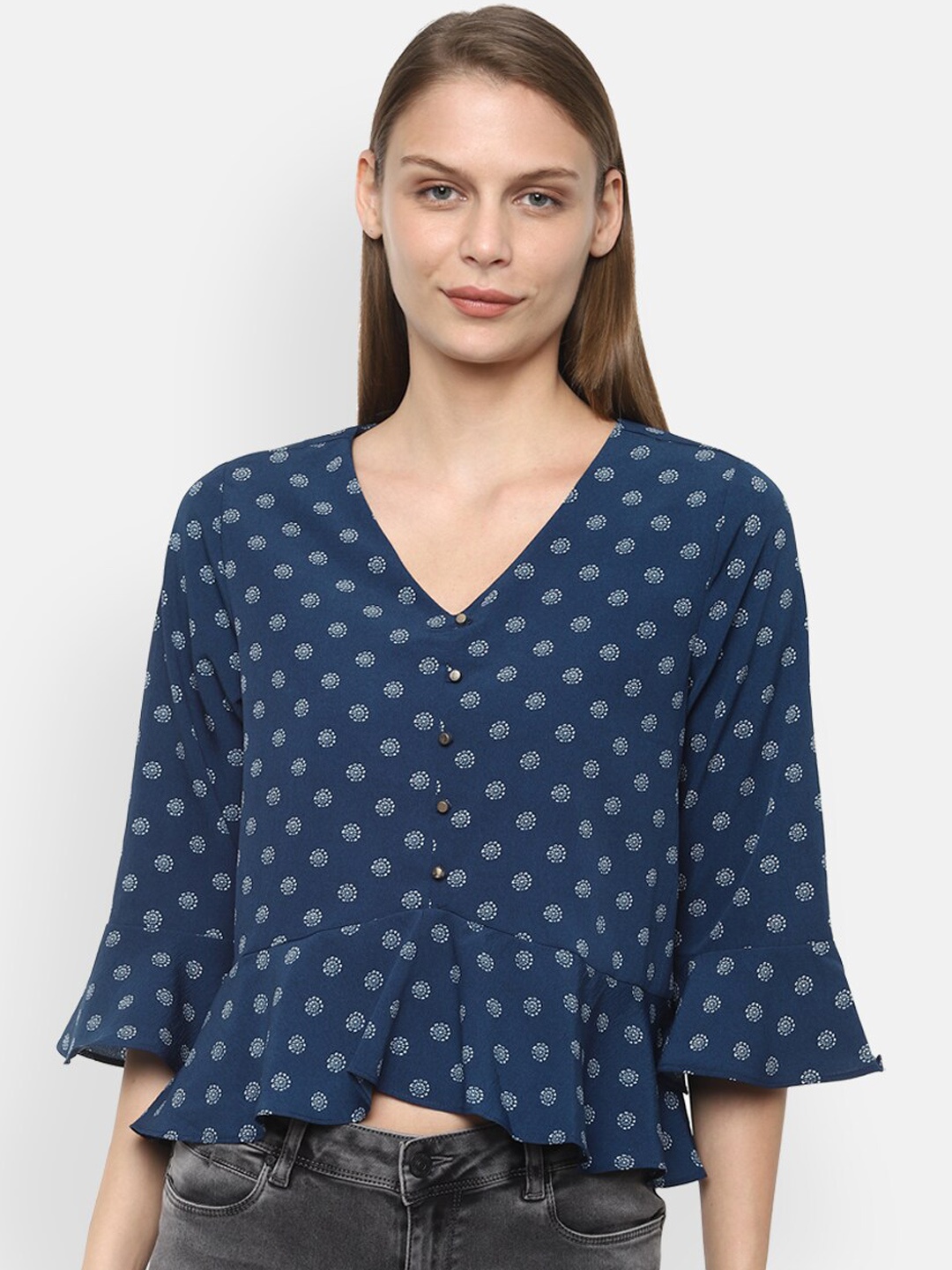

Van Heusen Woman Navy Blue Printed Peplum Top