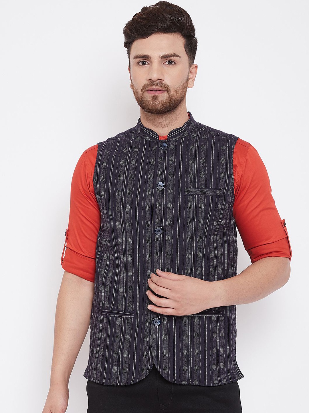 

even Men Blue & White Woven Design Nehru Jacket
