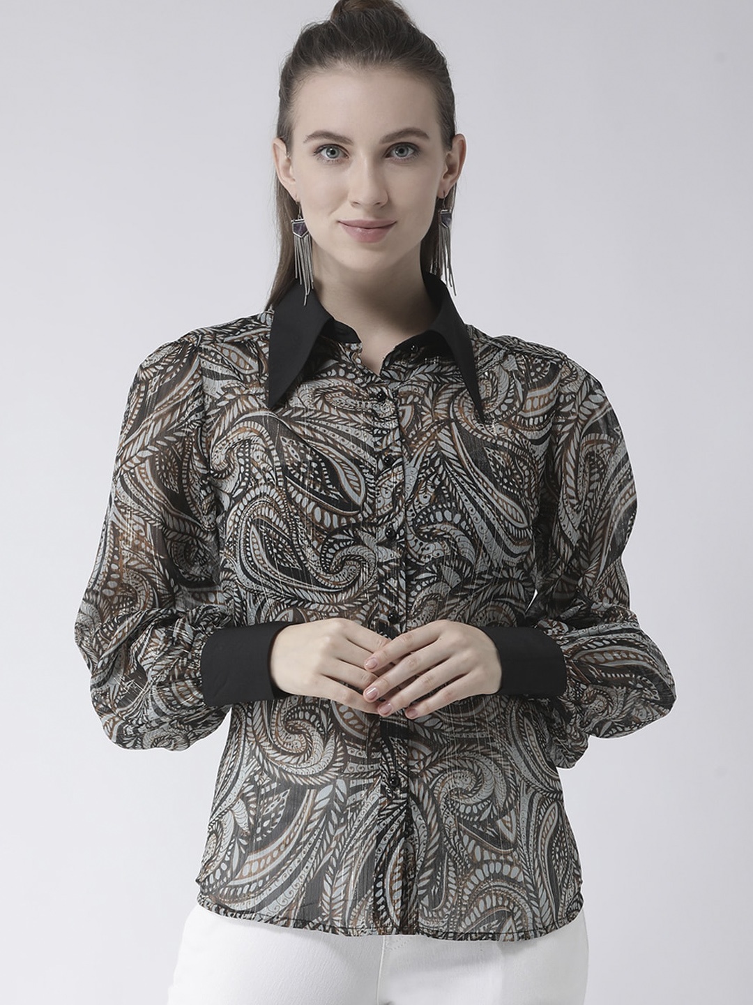 KASSUALLY Women Black & Grey Regular Fit Printed Casual Shirt