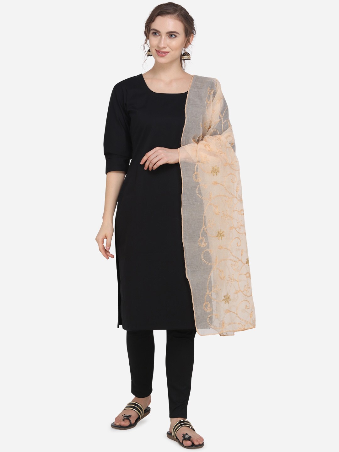 mf Beige & Gold-Toned Embroidered Dupatta