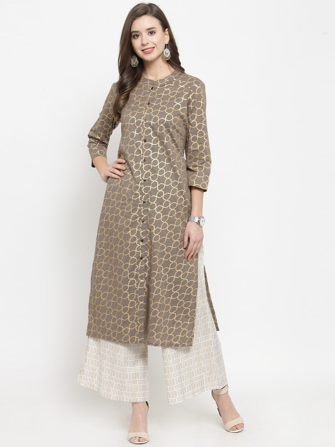 KSUT Women Grey & Beige Printed Kurta with Palazzos