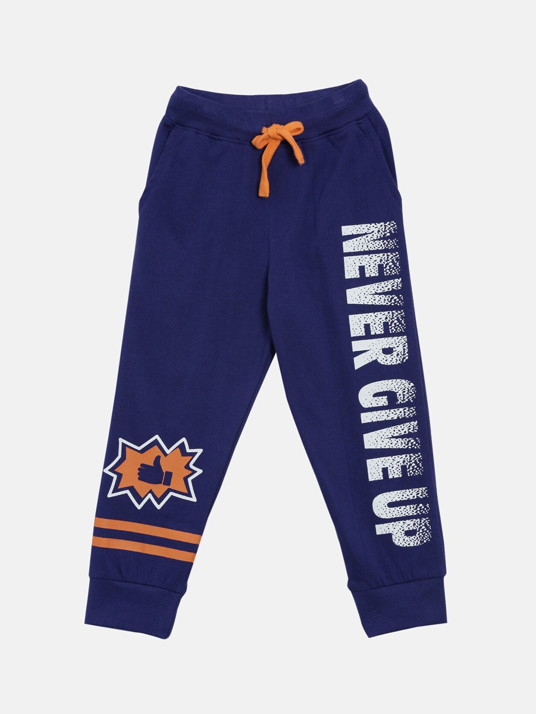 

KiddoPanti Boys Navy Blue & White Never Giveup Printed Sporty Joggers