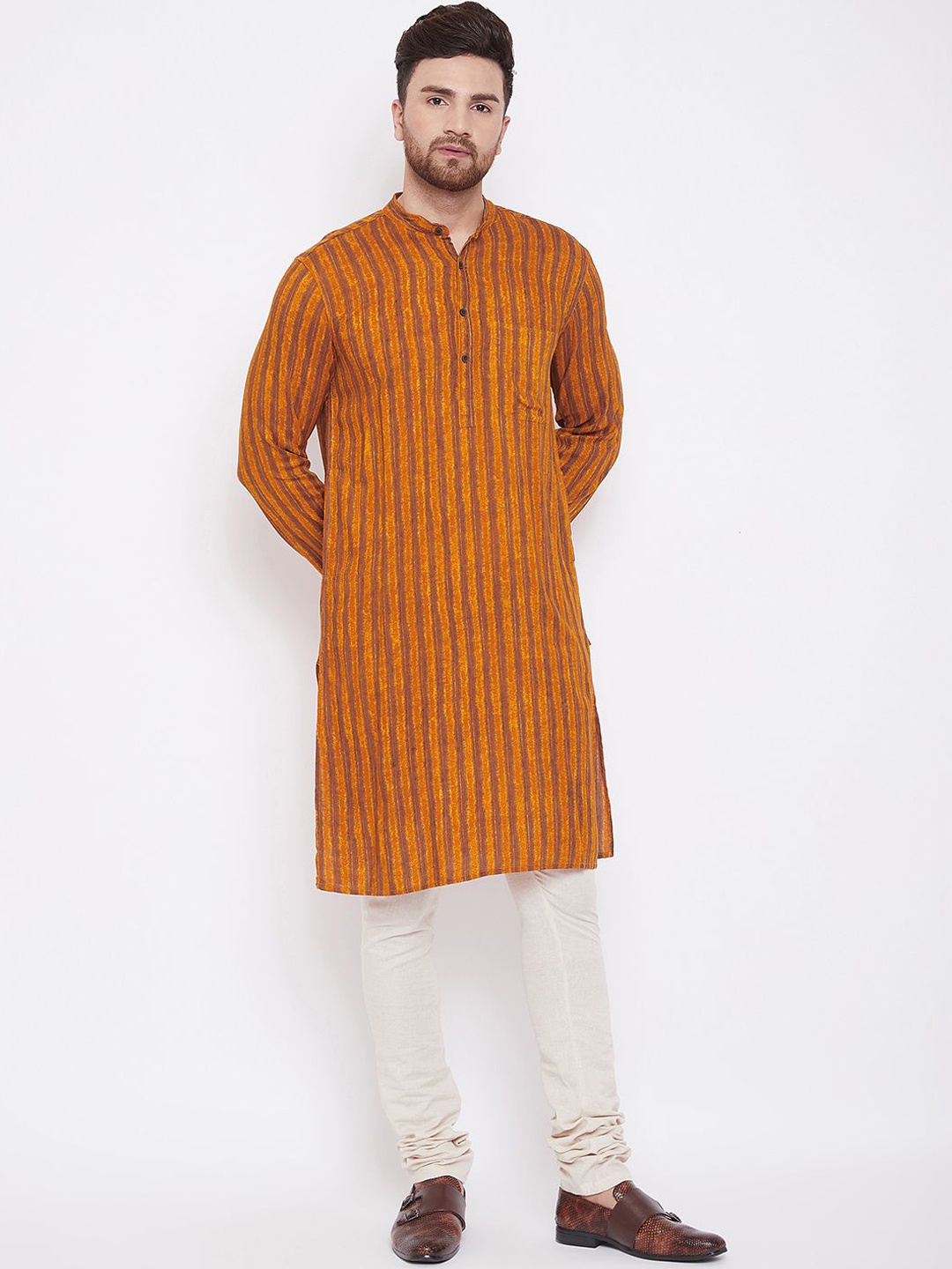 

even Men Mustard Yellow & Brown Striped Straight Kurta