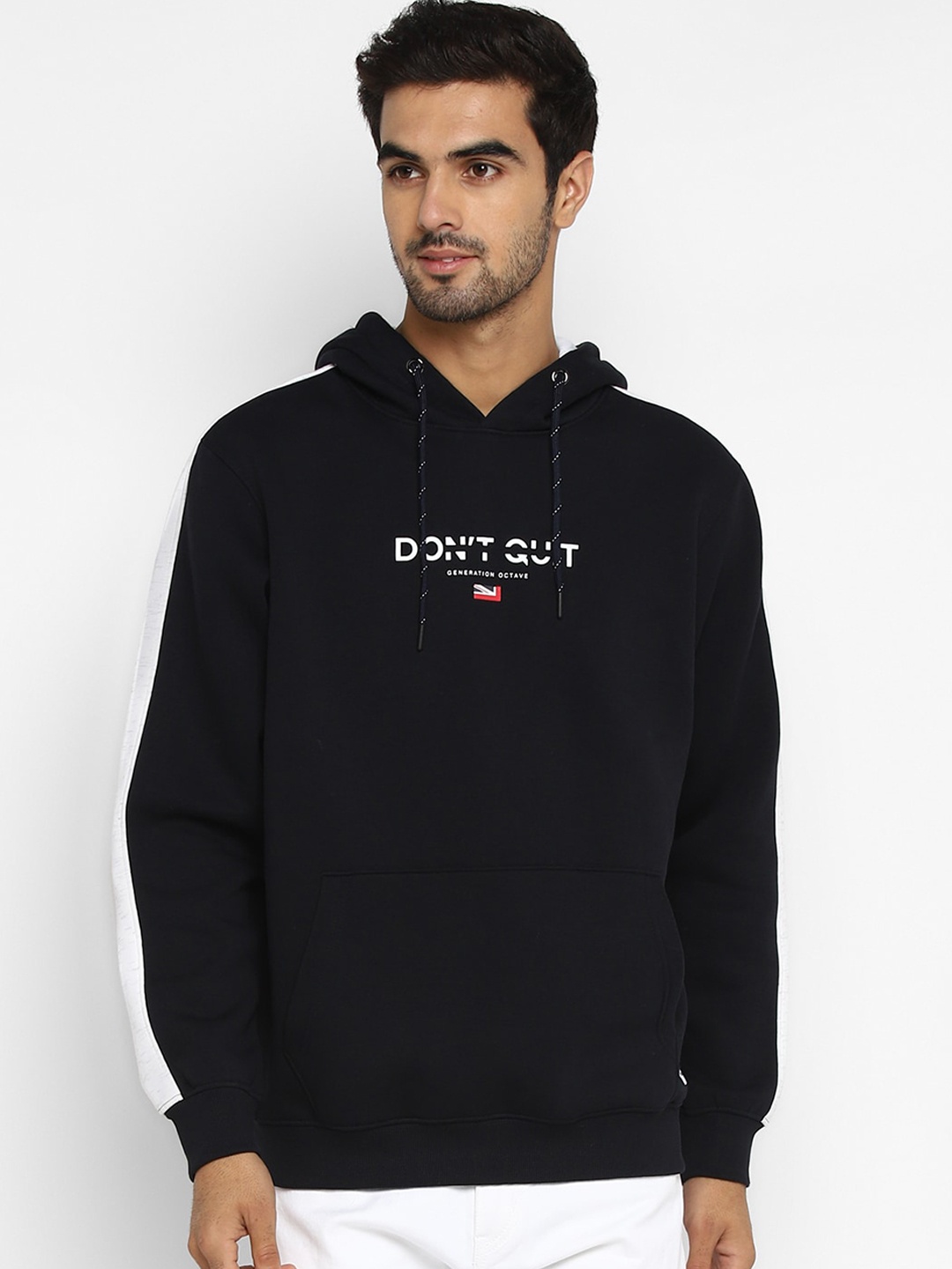 Octave Men Navy Blue & White Colourblocked Hooded Sweatshirt