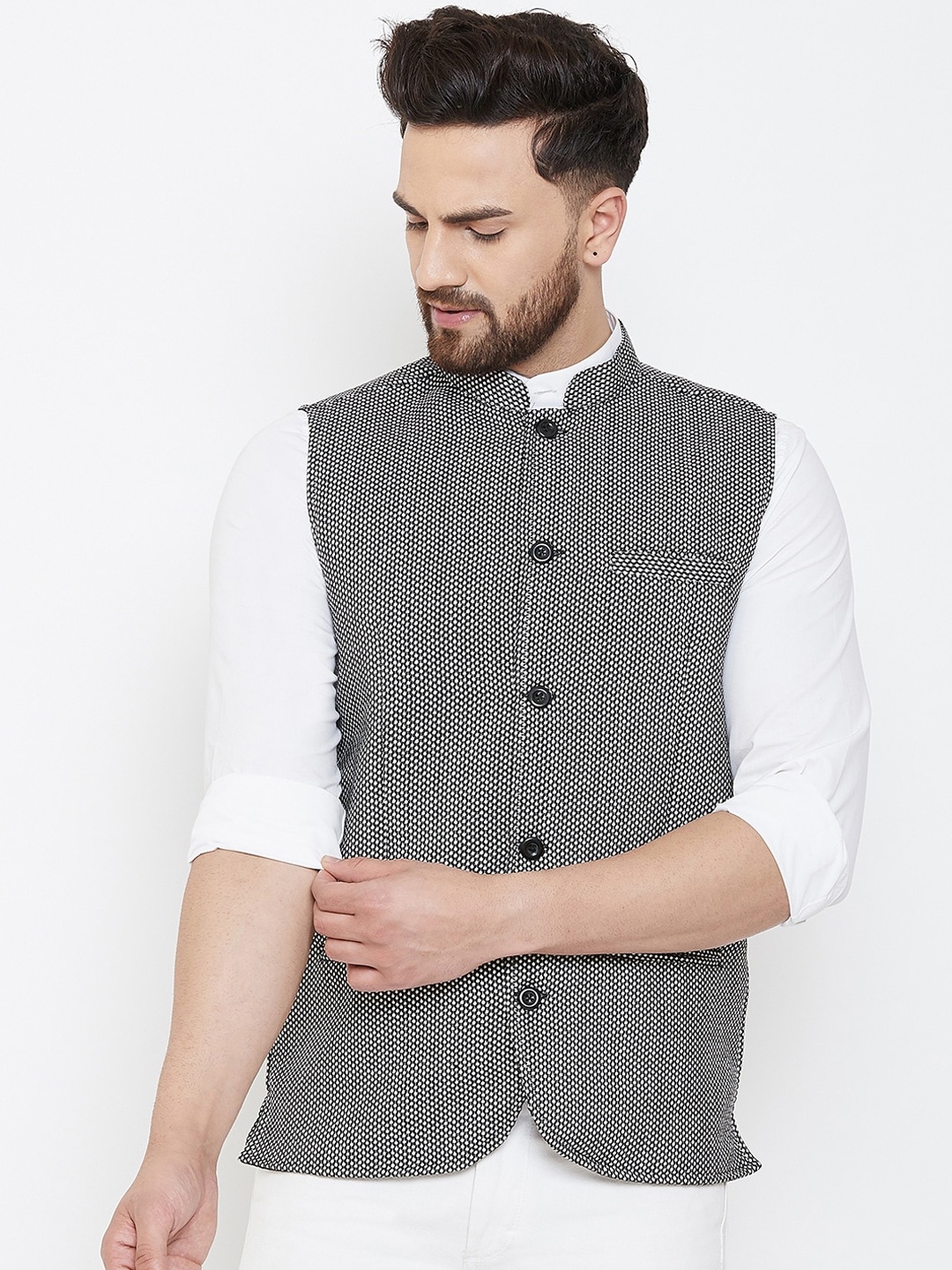 even Men Black & White Printed Nehru Jacket