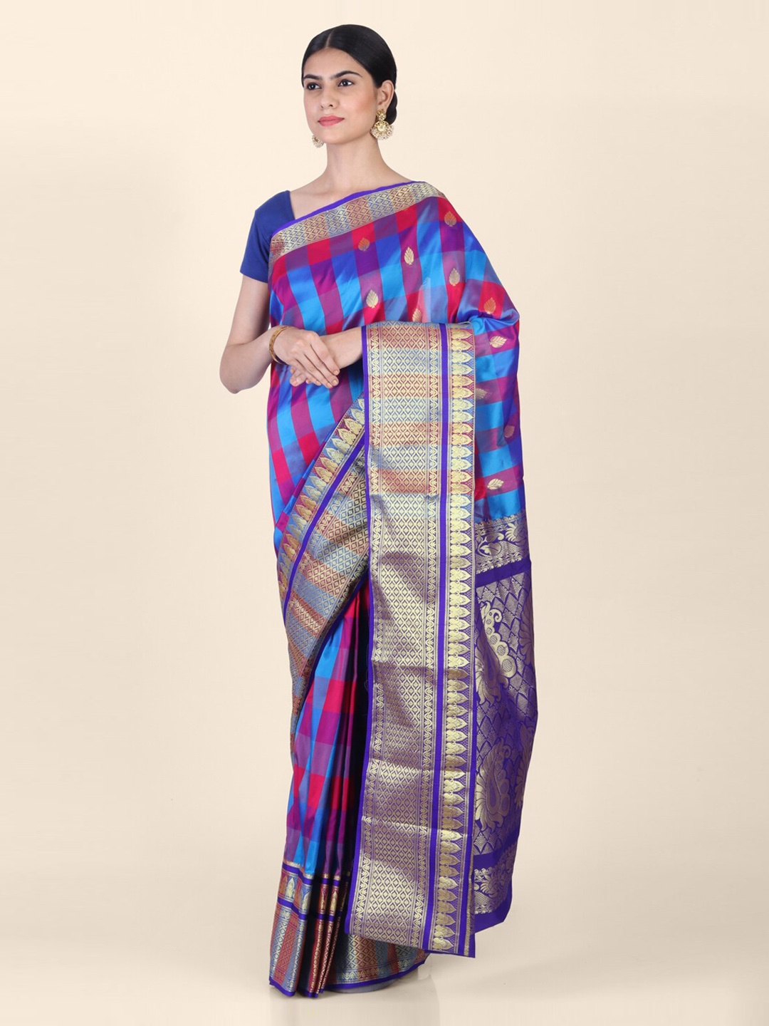 

Hastakala Blue & Red Silk Blend Woven Design Saree