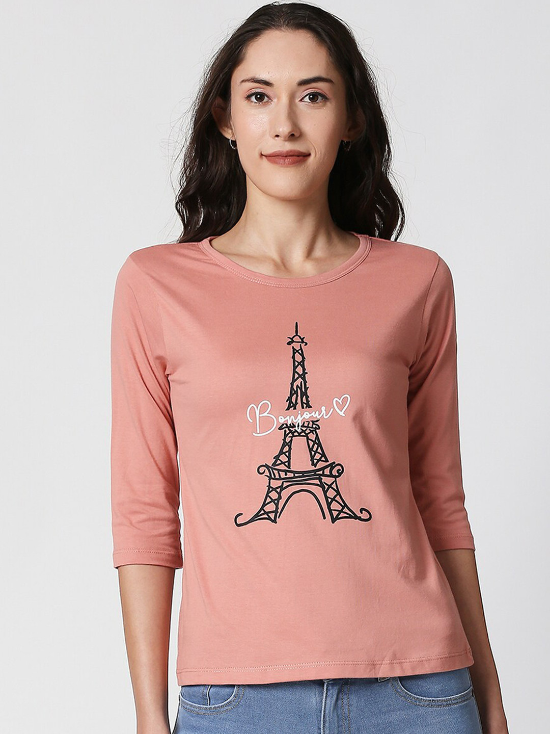 

Bewakoof Women Pink & Black Printed Round Neck T-shirt