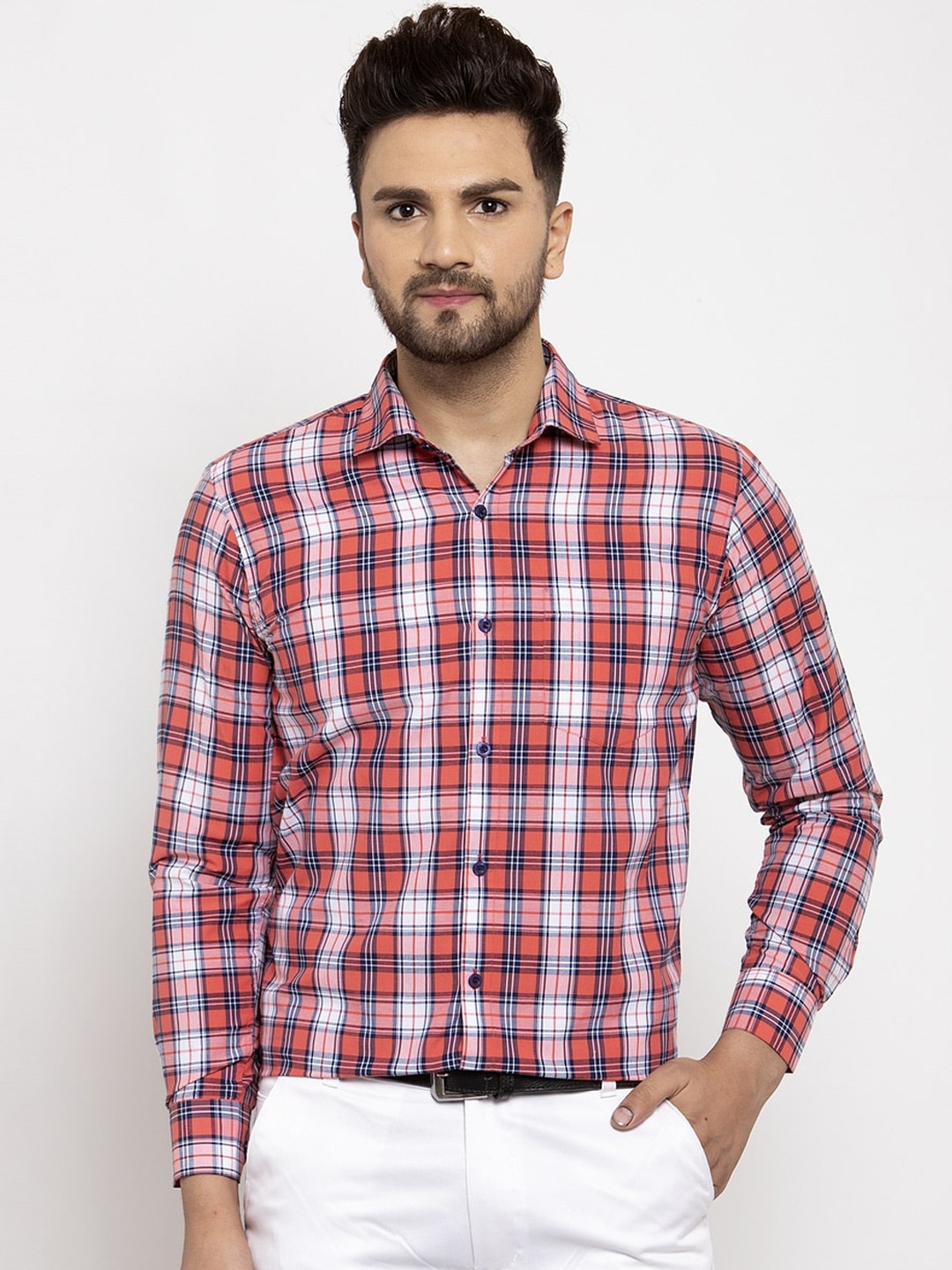 

JAINISH Men Red & White Regular Fit Checked Formal Shirt