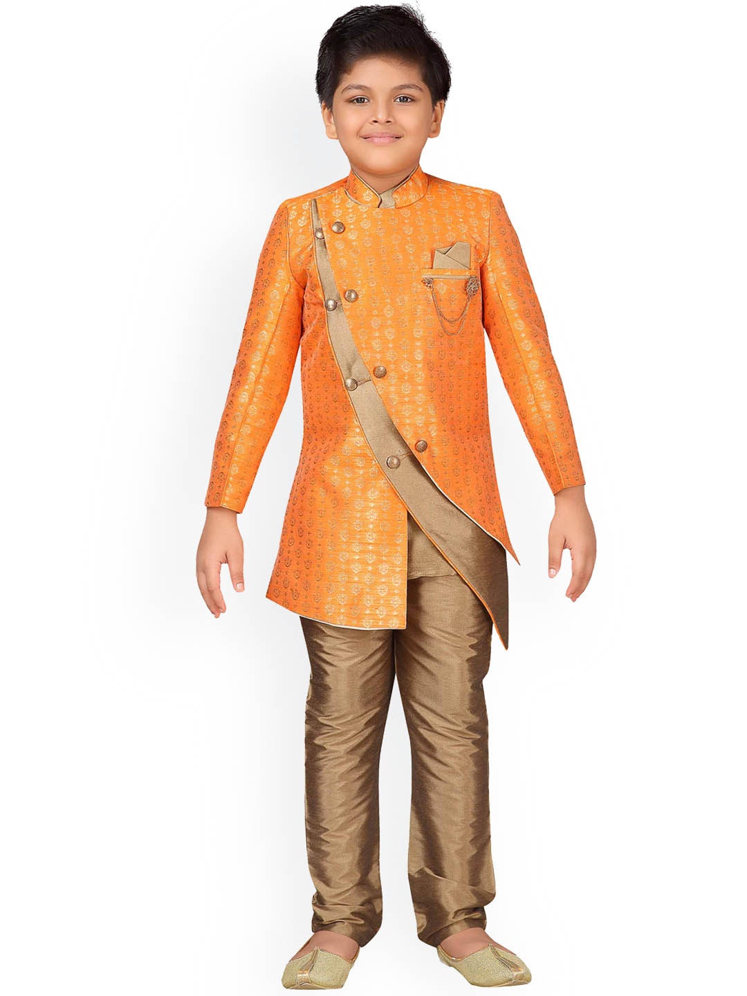 

ahhaaaa Boys Orange & Brown Indo Western Sherwani Set