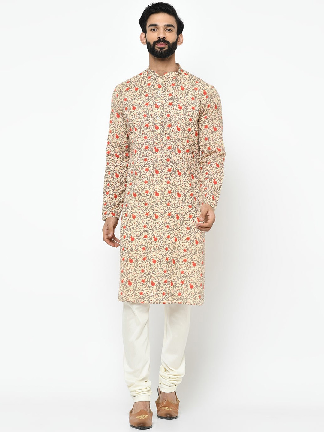 

KISAH Men Cream-Coloured & Orange Printed Straight Kurta