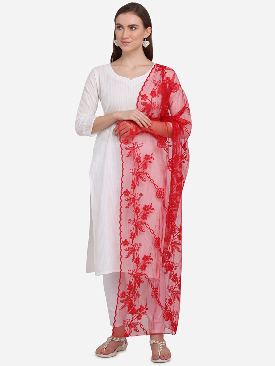 

mf Red Embroidered Dupatta