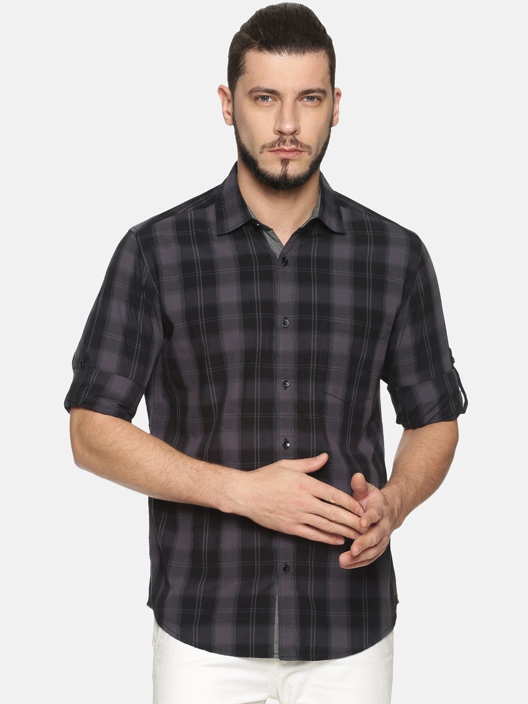 

IVOC Men Black & Grey Slim Fit Checked Casual Shirt