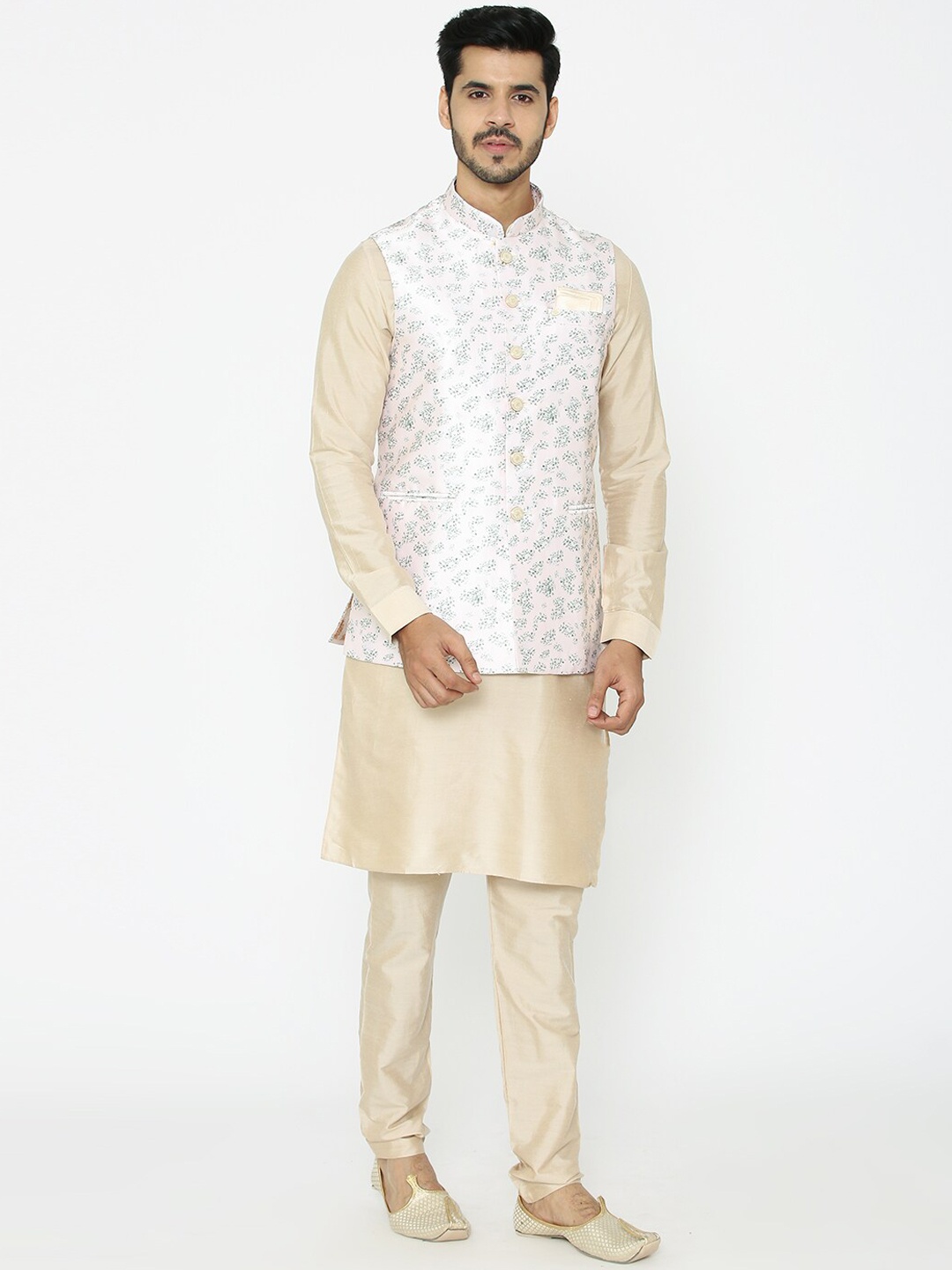 Manyavar Men Cream-Coloured & Green Printed Nehru Jacket