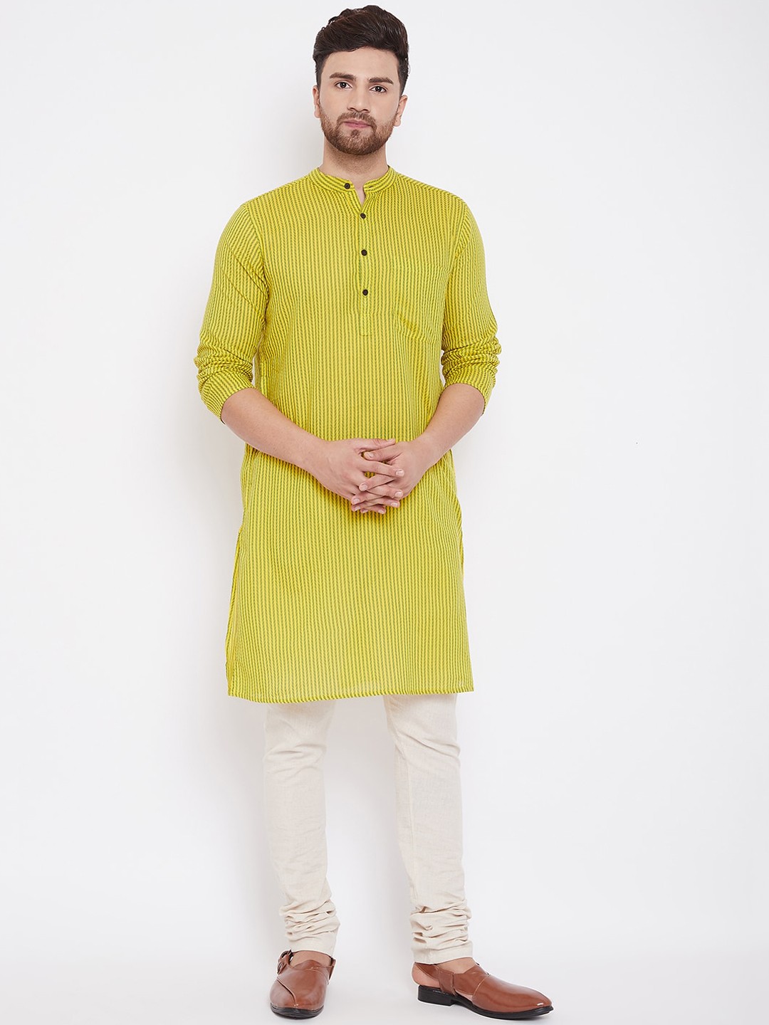 even Men Yellow Striped Straight Kurta
