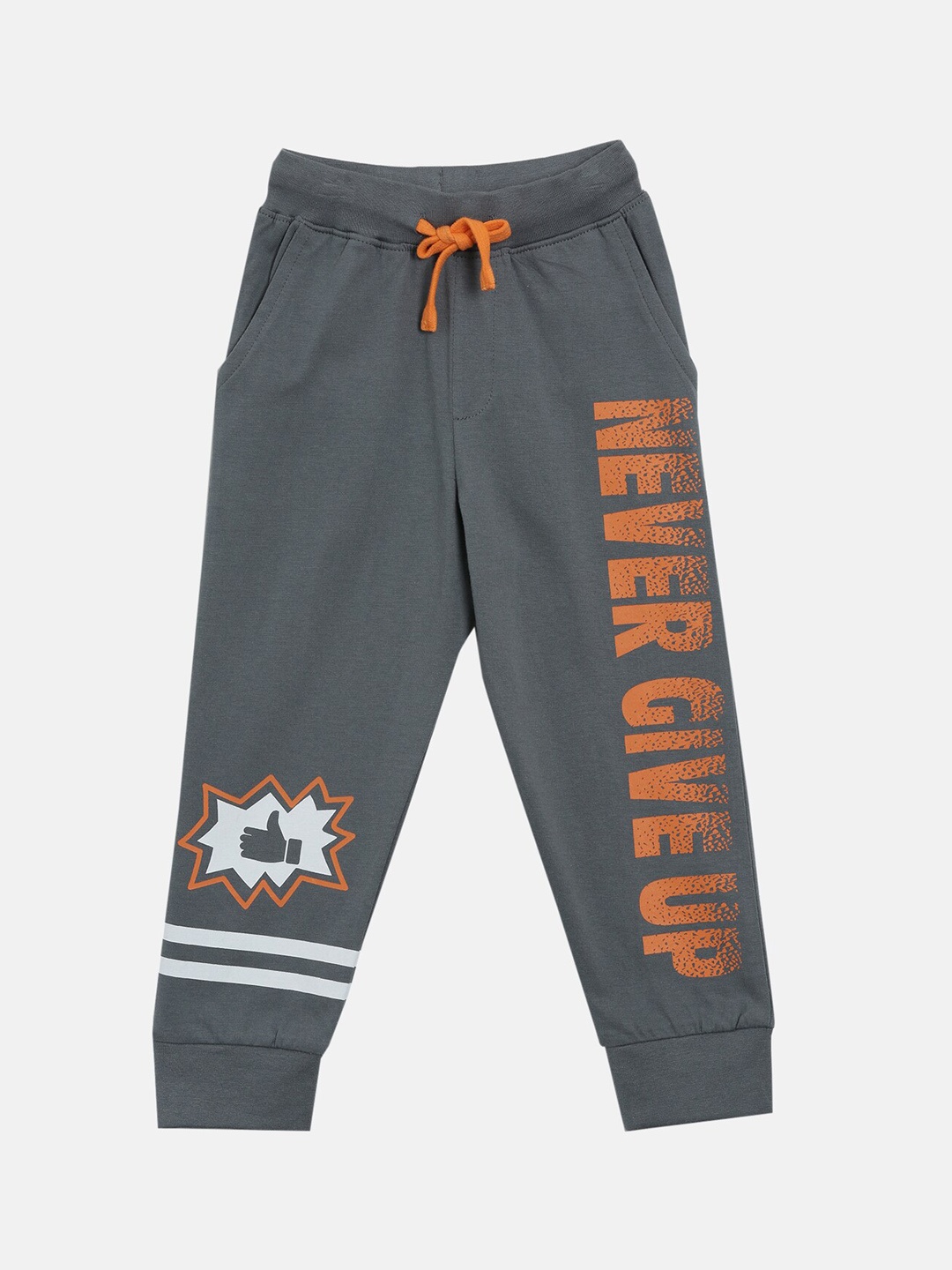 

KiddoPanti Boys Grey & Orange Never Giveup Printed Sporty Joggers