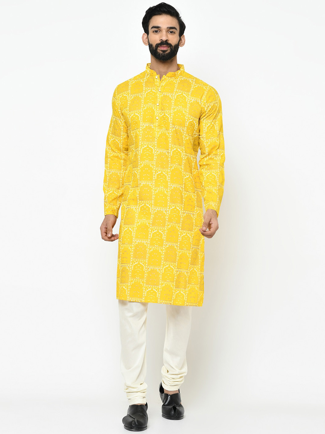 

KISAH Men Yellow Printed Straight Kurta