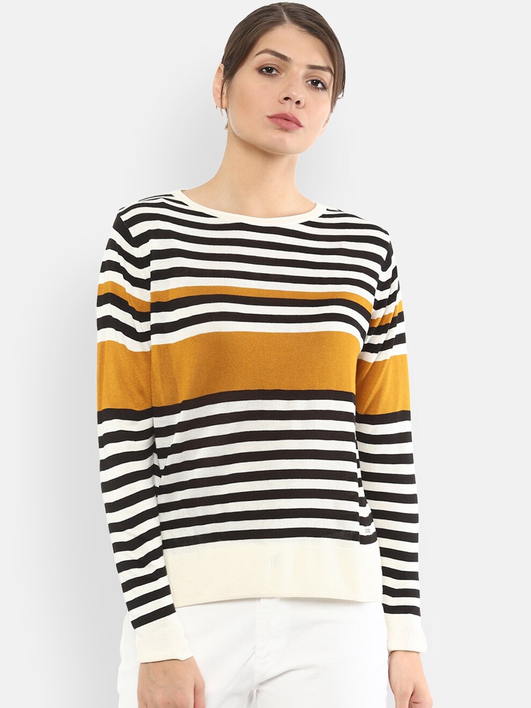 Van Heusen Woman White & Mustard Yellow Striped Top