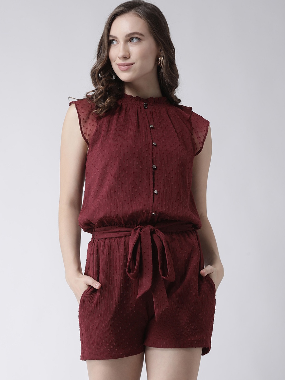 

KASSUALLY Women Burgundy Self Design Playsuit