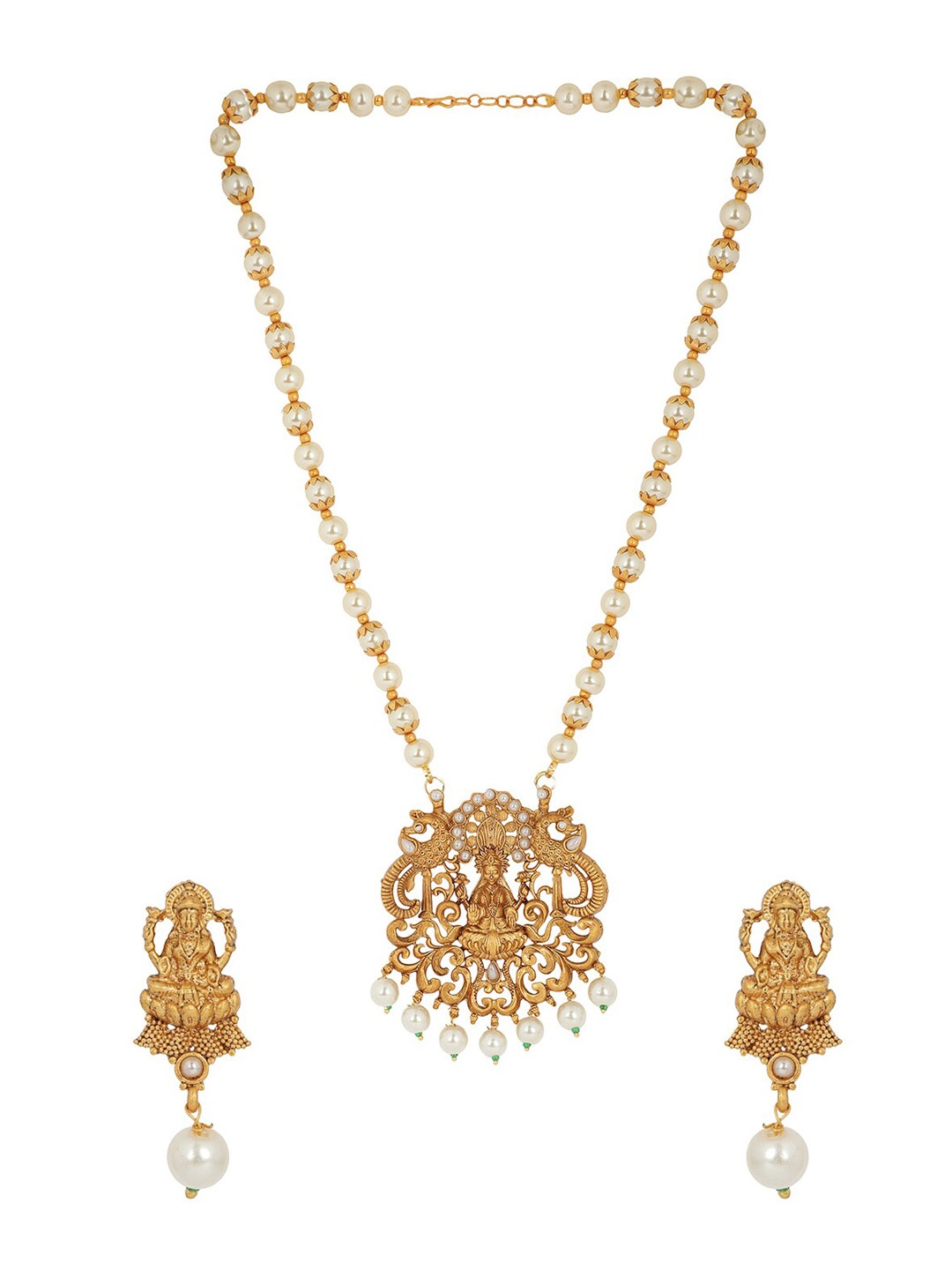

ANIKAS CREATION Gold-Plated White Beaded Temple Jewellery Set
