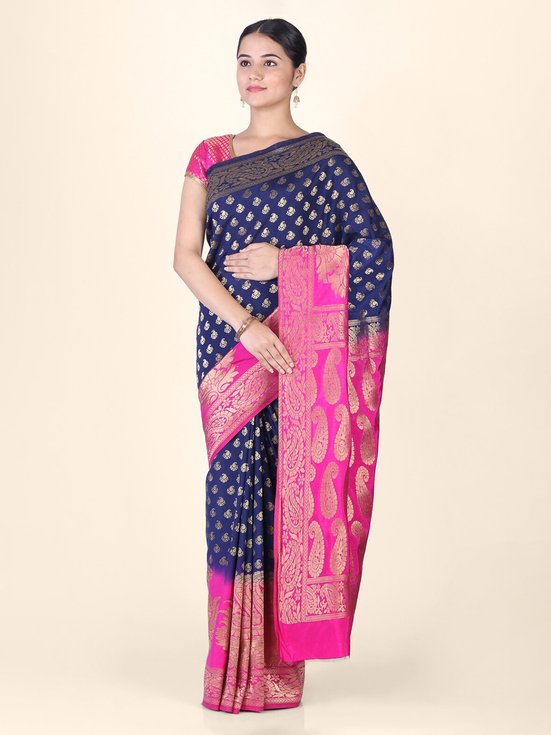 

Hastakala Navy Blue & Pink Silk Blend Woven Design Saree