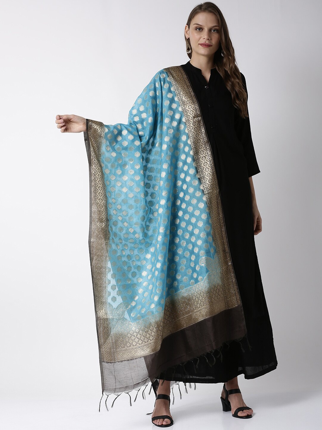 

Soch Blue & Gold-Toned Embroidered Chanderi Silk Dupatta