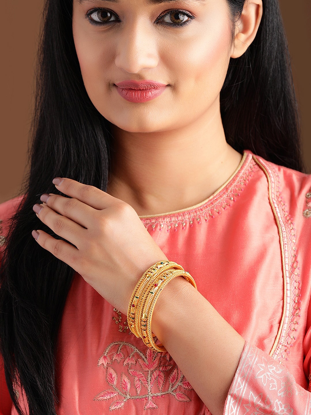 

Rubans Set of 2 22KT Gold-Plated Red & Green Enamelled Regular Bangles
