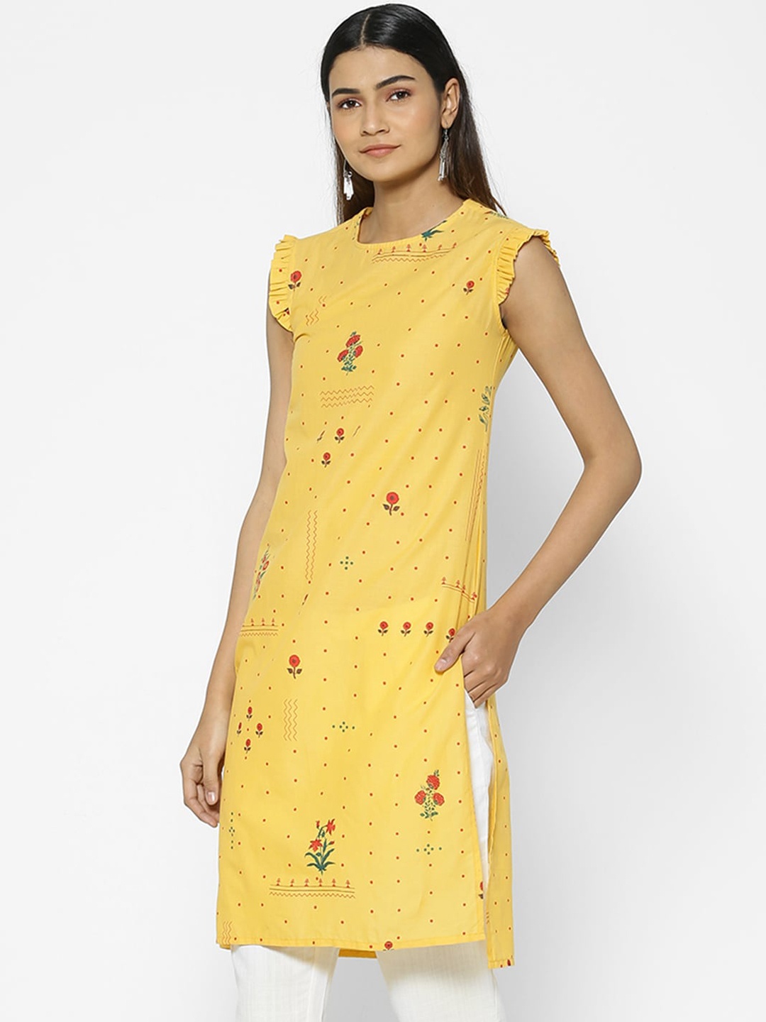 Saaki Women Mustard Printed Straight Kurta