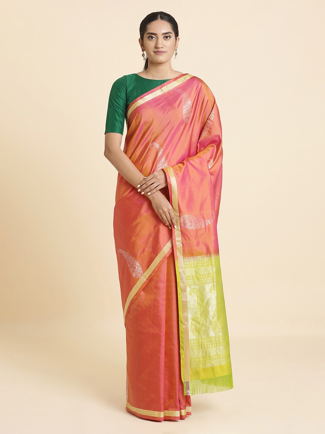 

Taneira Orange Handwoven Pure Silk Sustainable Saree