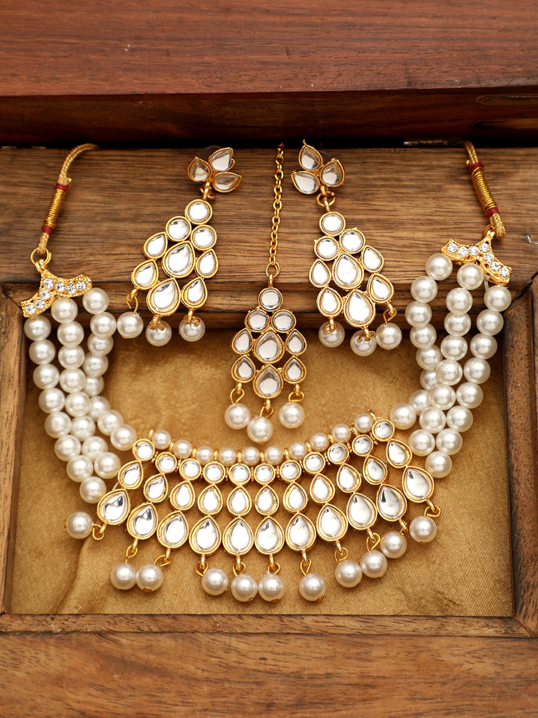 

ANIKAS CREATION Gold-Plated White Kundan-Studded Pearl Embellished Handcrafted Jewellery Set