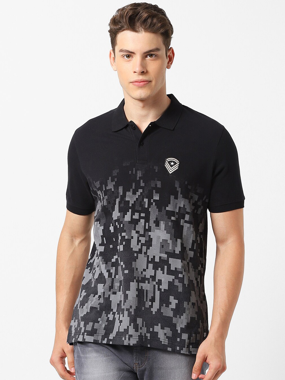 

MARCA Disati Men Black And Grey Camouflage Printed Polo Collar T-shirt