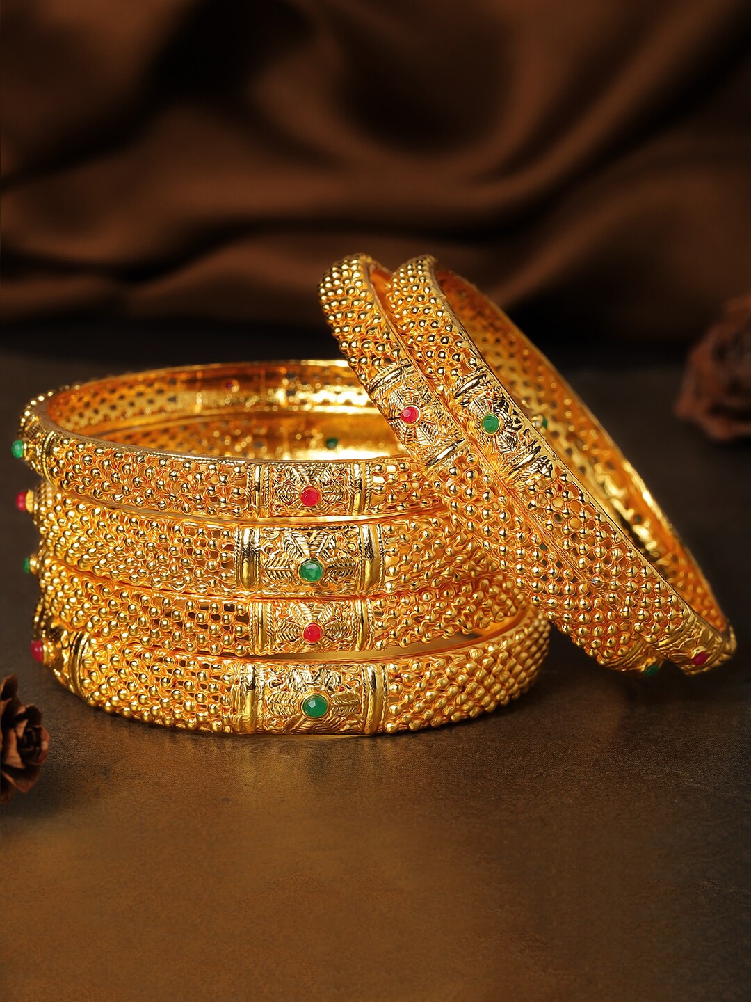 

Rubans Set Of 6 22K Gold-Plated & Red Stone-Studded Handcrafted Bangles