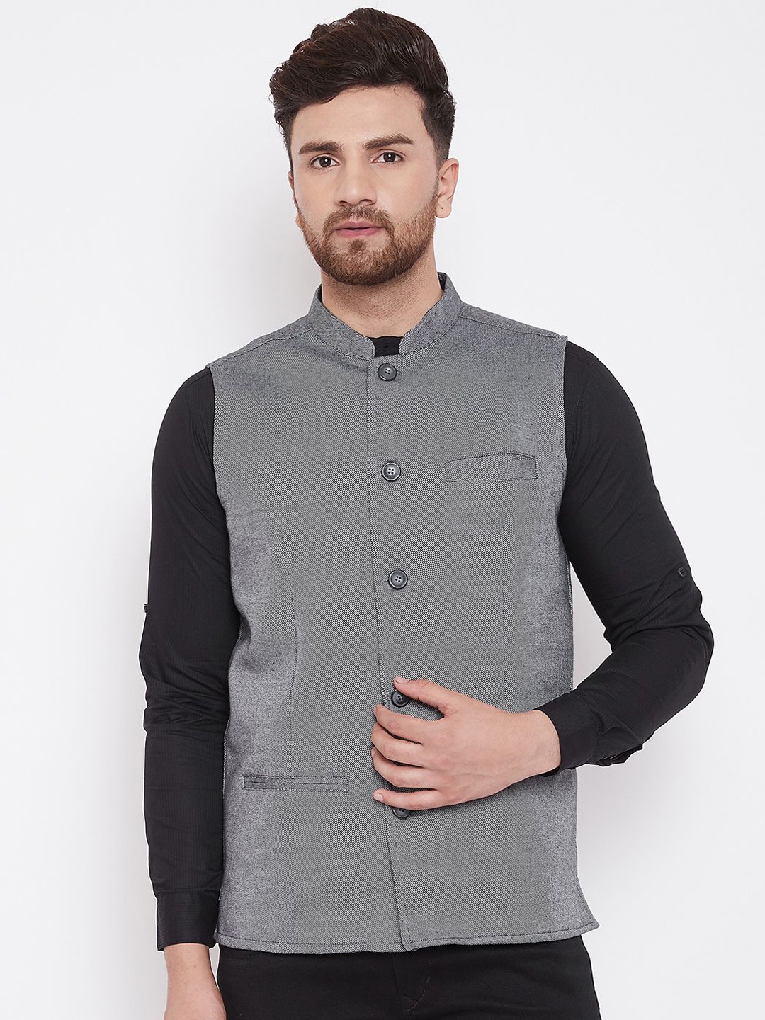 

even Men Grey Striped Nehru Jacket