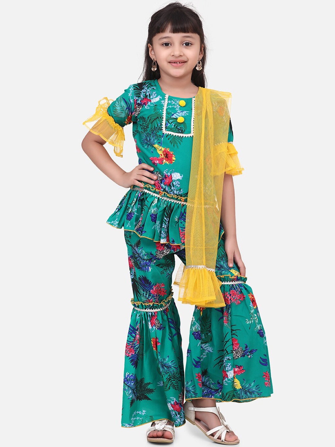 

Cutiekins Girls Green & Yellow Printed Kurti with Sharara & Dupatta