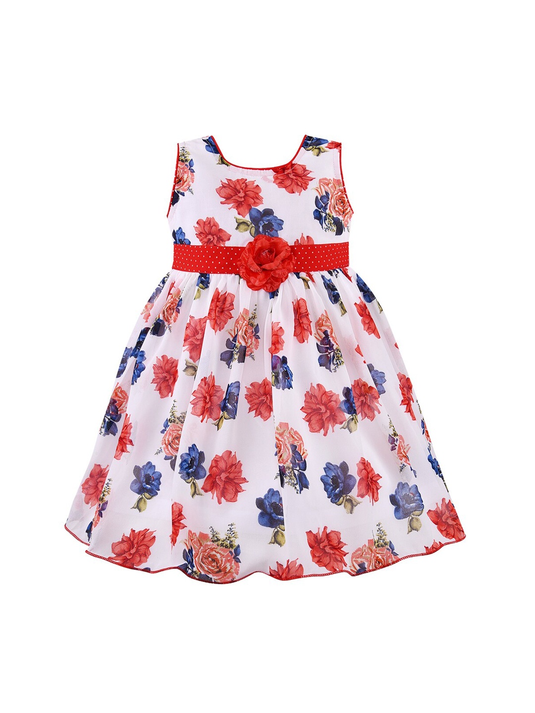 Wish Karo Girls White & Red Printed Fit and Flare Dress