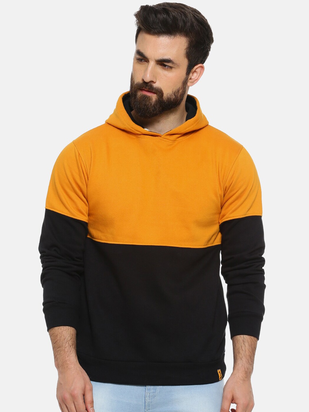 

Campus Sutra Men Mustard Yellow & Black Colourblocked Hooded Sweatshirt