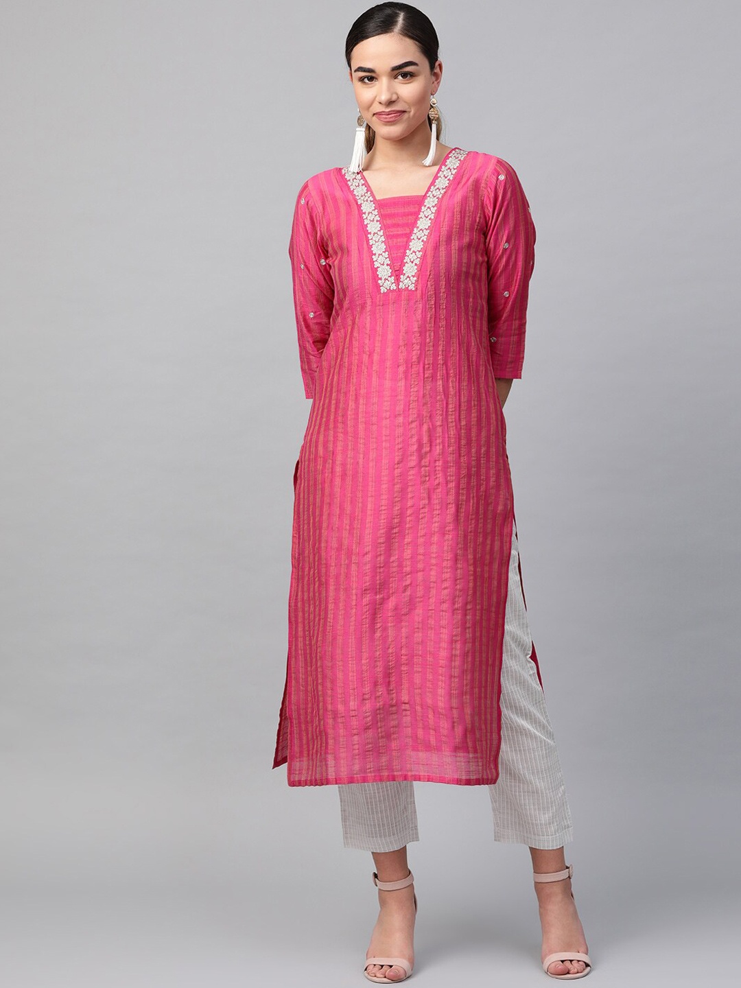 

KSUT Women Fuchsia Pink & White Striped Kurta with Trousers