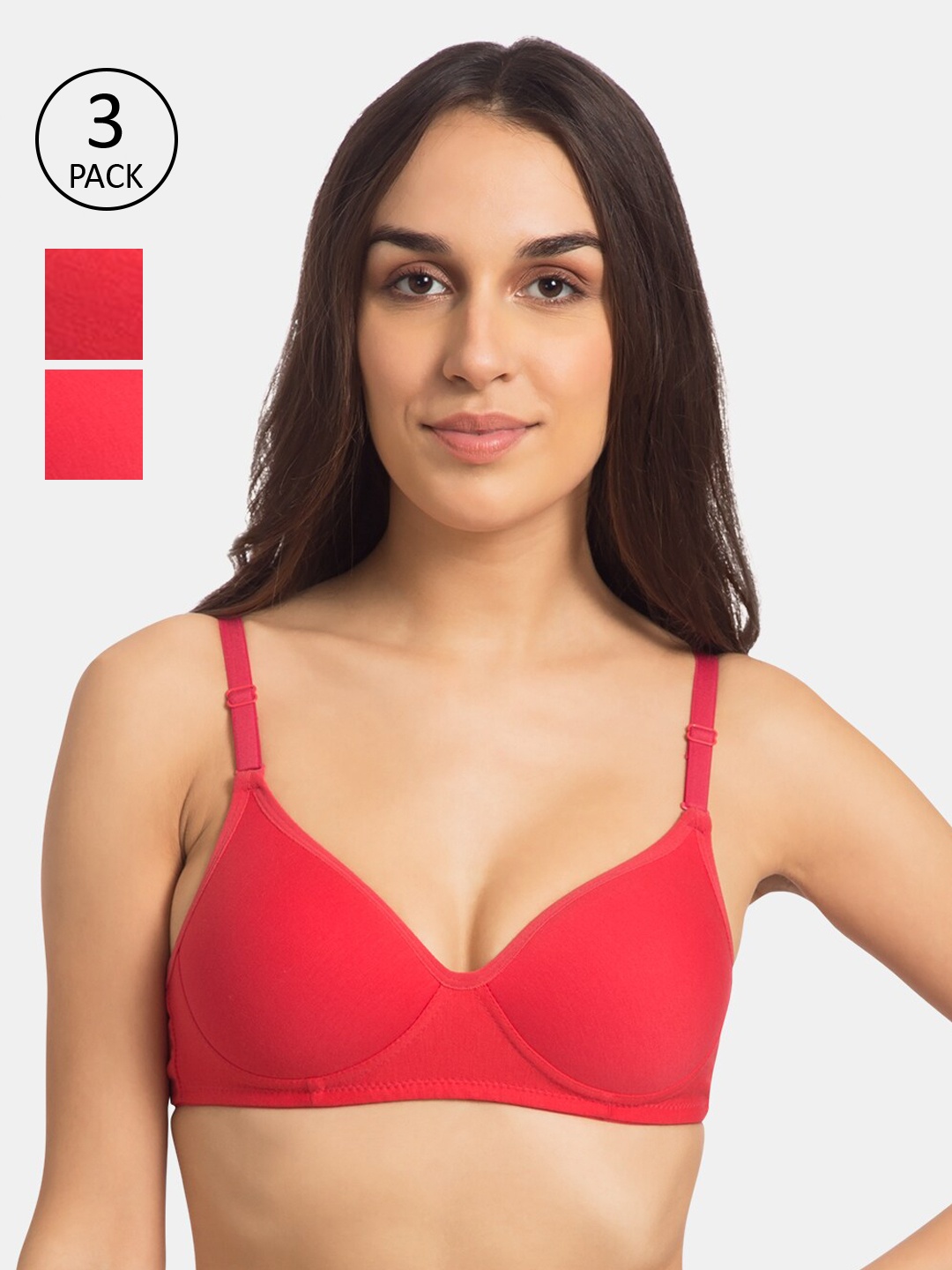 Tweens Pack of 3 Coral Red Solid Non-Wired Lightly Padded Everyday Bra TW-1101