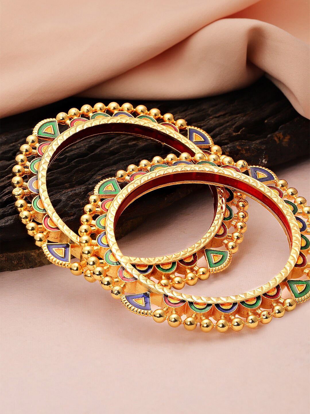 

Rubans Set Of Two 22K Gold-Plated Red & Green Enamelled Paheli Handcrafted Bangles