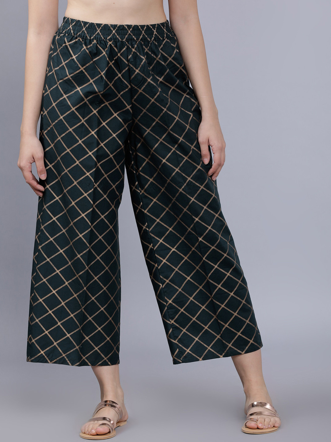 

Vishudh Women Bottle Green & Gold Checked Flared Palazzos