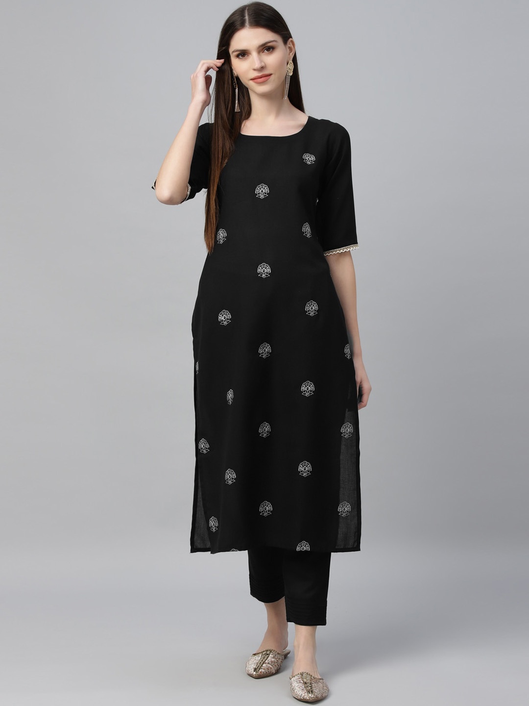 Libas Women Black & Silver-Toned Embroidered Straight Kurta
