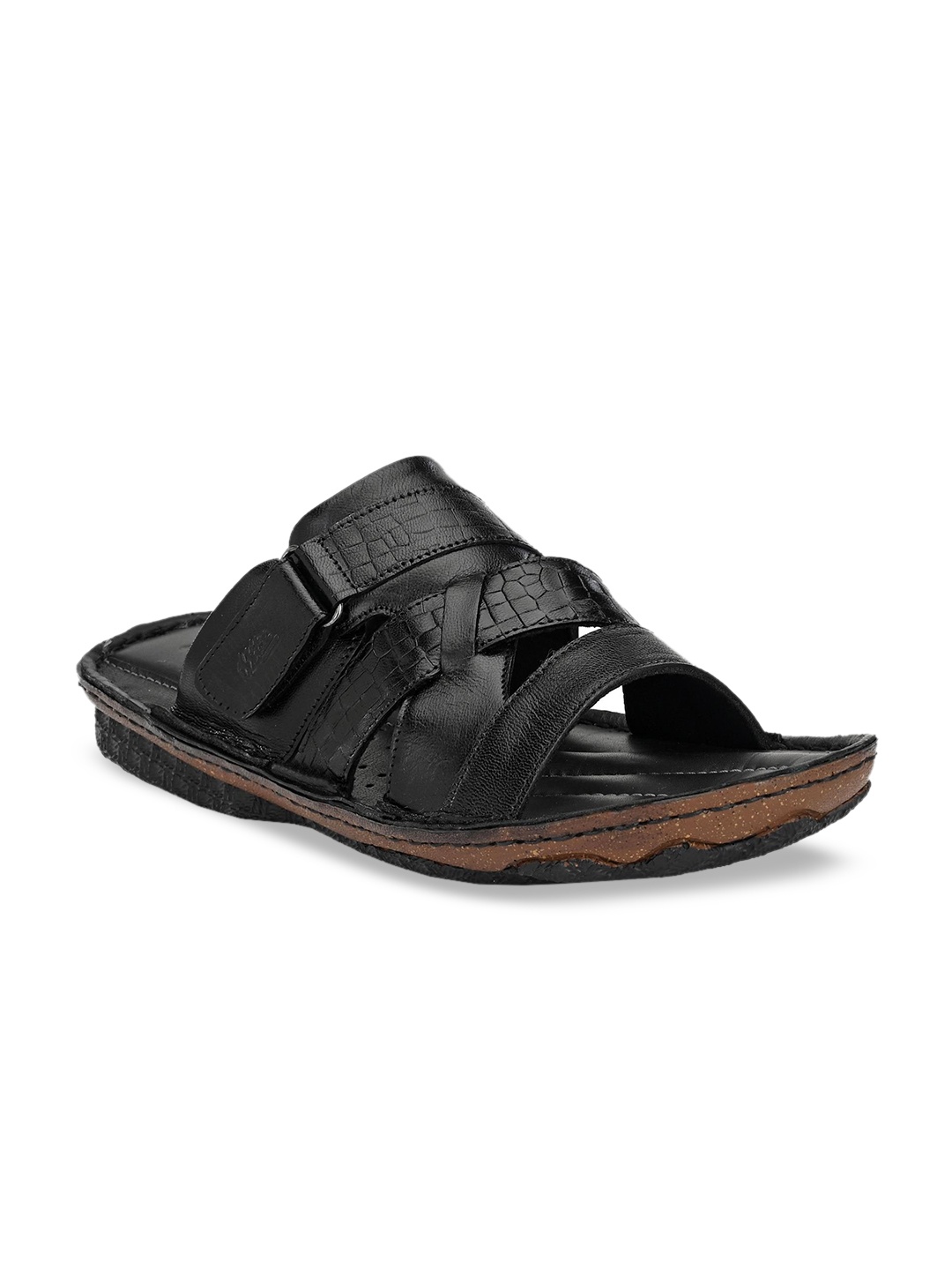 

Hitz Men Black Solid Leather Comfort Sandals