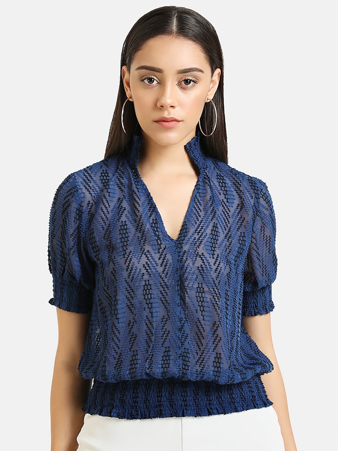 

Kazo Women Navy Blue Self Design Blouson Top