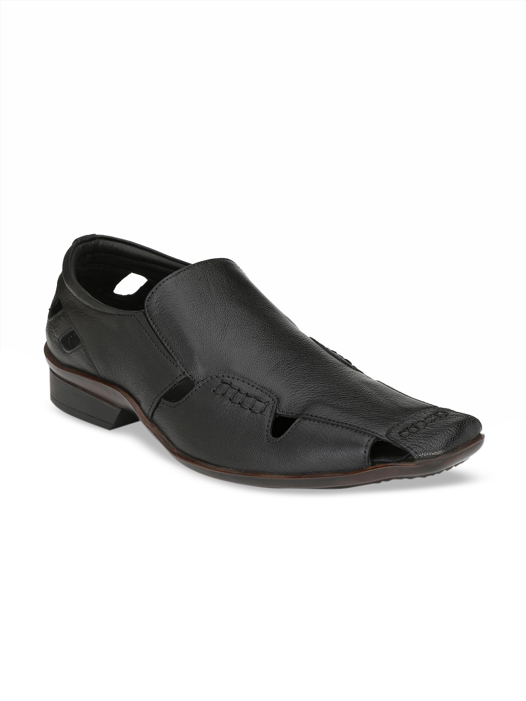 Hitz Men Black Leather Shoe-Style Sandals