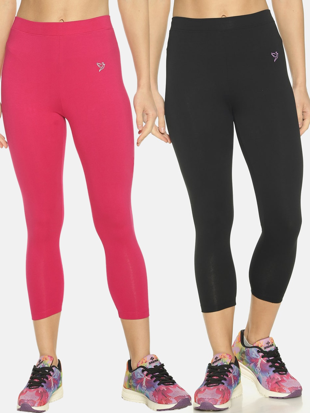 

TWIN BIRDS Women Black & Pink Pack of 2 Solid Skinny Fit 3/4th Tights